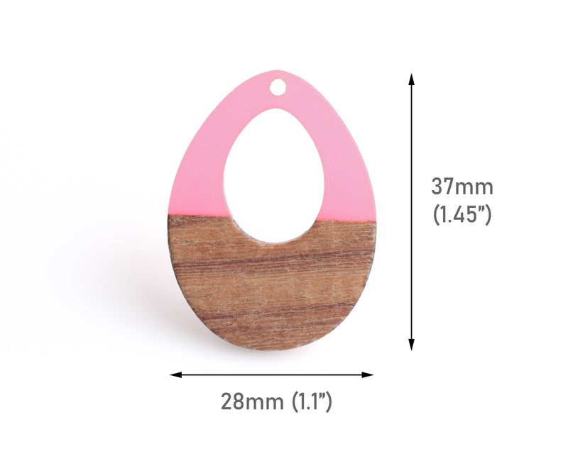 4 Hot Pink Teardrop Pendants, Color Blocked, Bright Pink Charms for Earrings, Real Wood and Resin, 37 x 28mm