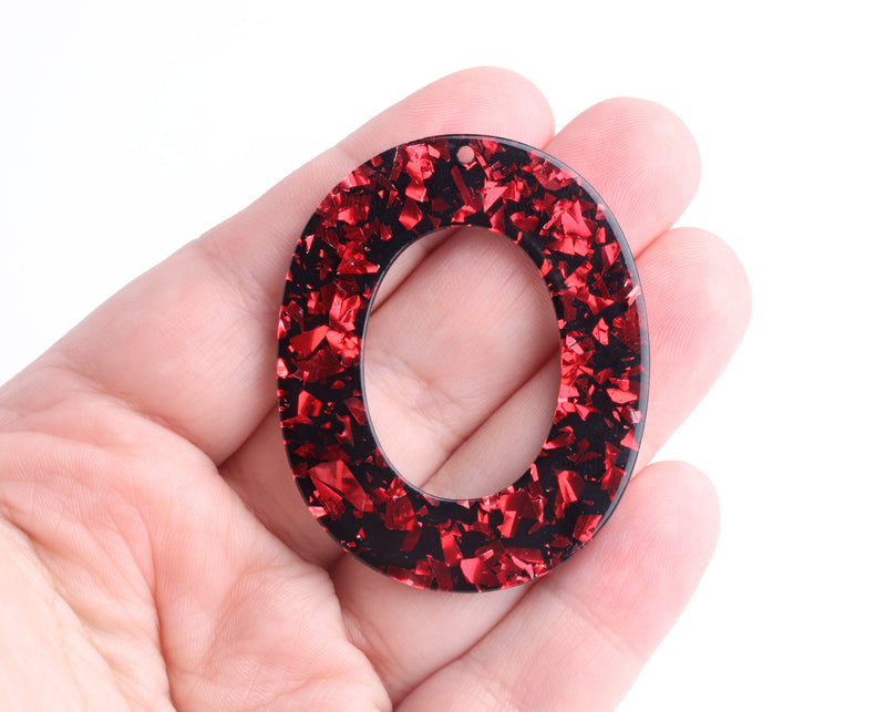 2 Black Oval Connector Rings, Glitter Acrylic Earring Blank, Lucite Charm, Christmas Red Glitter Foil Flake, Jewelry Supplies, VG049-49-BKRF