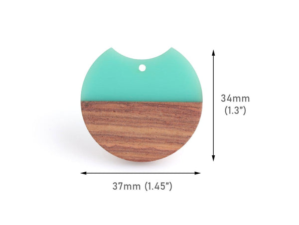 2 Wood and Resin Beads, 37x34mm, Epoxy Resin Jewelry Findings, Large Green Half Moon Pendant, Half Circle Earring Charm Parts, CN239-37-WDN
