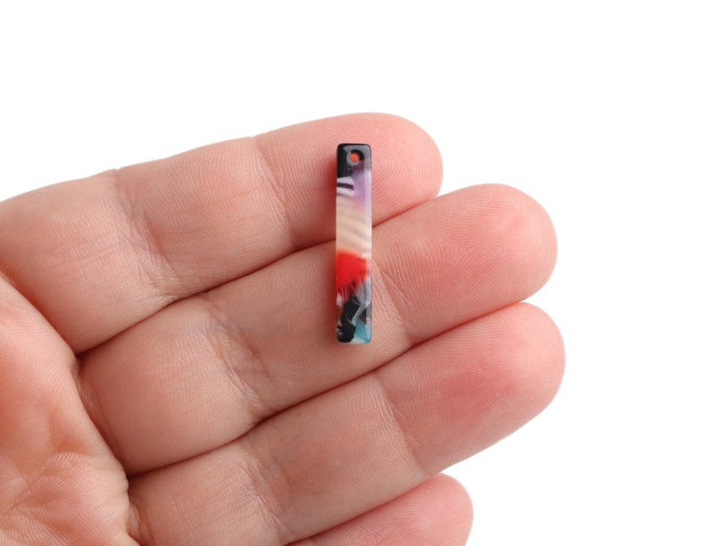 4 Short Bar Charms in Multicolored Tortoise Shell, Tiny Flat Rectangle Drops, Acetate, 25 x 4.25mm