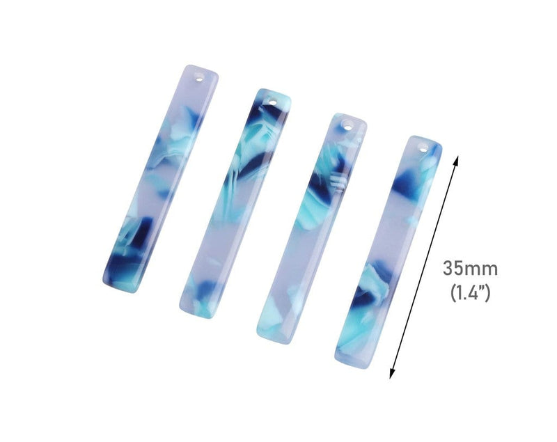 4 Thin Bar Charms in Light Blue Tortoise Shell, Translucent, Sticks for Earrings, Vertical Bars, 35 x 5.25mm