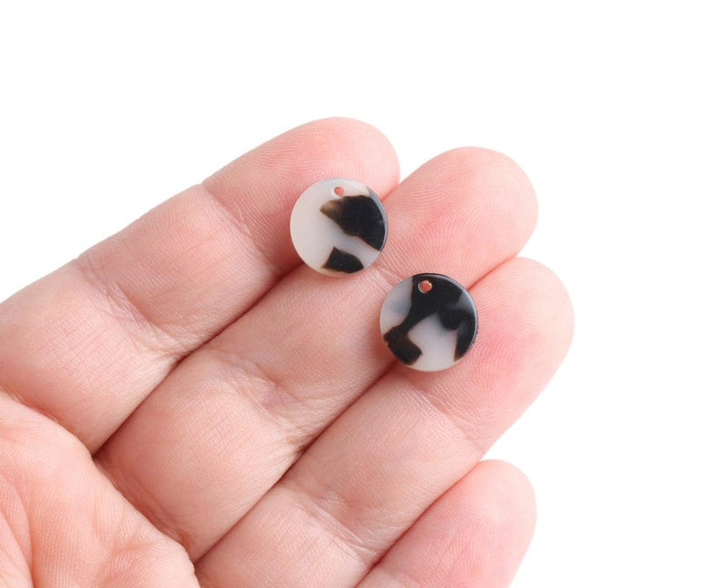 4 Small Round Charms in White and Black, 1 Hole, Jewelry Supply, Acetate Plastic, 12mm
