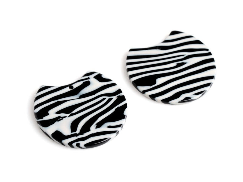 2 Half Circle Charm Beads with Wild Zebra Stripes, Large Round Blanks for Earrings and Jewelry, Acetate Plastic, 37 x 33mm