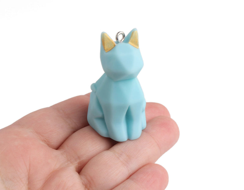 1 Geometric Blue Cat Figurine with Loop, For Keychains, Hand Painted Low Poly Animal Sculpture, Cute Kawaii, 3D Plastic Miniatures, 1.8" Inch
