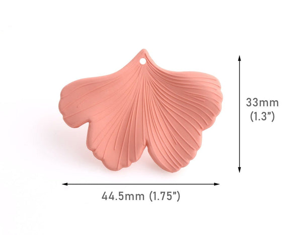 2 Coral Pink Ginkgo Leaf Charms, 1.75" Inch, Matte Pink Beads, Rubber Coated, Botanical Pendants, Jewelry Supply Parts, FW052-45-PK22