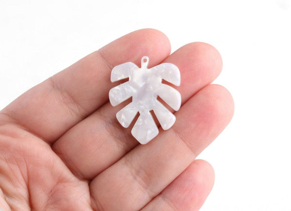 2 White Monstera Leaf Charms, Palm Tree Leaf with Stem, White Pearl Acetate, 30 x 24.25mm