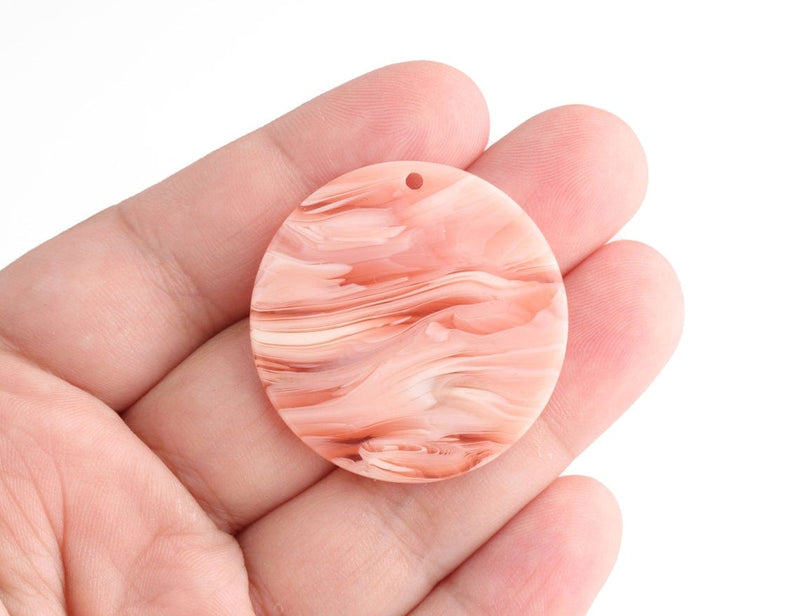 4 Large Acrylic Circles in Coral Pink Tortoise Shell, Plastic 1.5 Inch Disc Earring Blanks, Orange Pink Beads, Marbled Beads, CN174-35-PK08