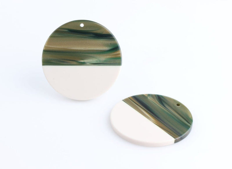 2 Large Circle Pendants in Sage Green and Bone White, Two Tone, Cellulose Acetate, 35mm