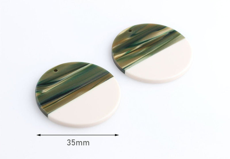 2 Large Circle Pendants in Sage Green and Bone White, Two Tone, Cellulose Acetate, 35mm