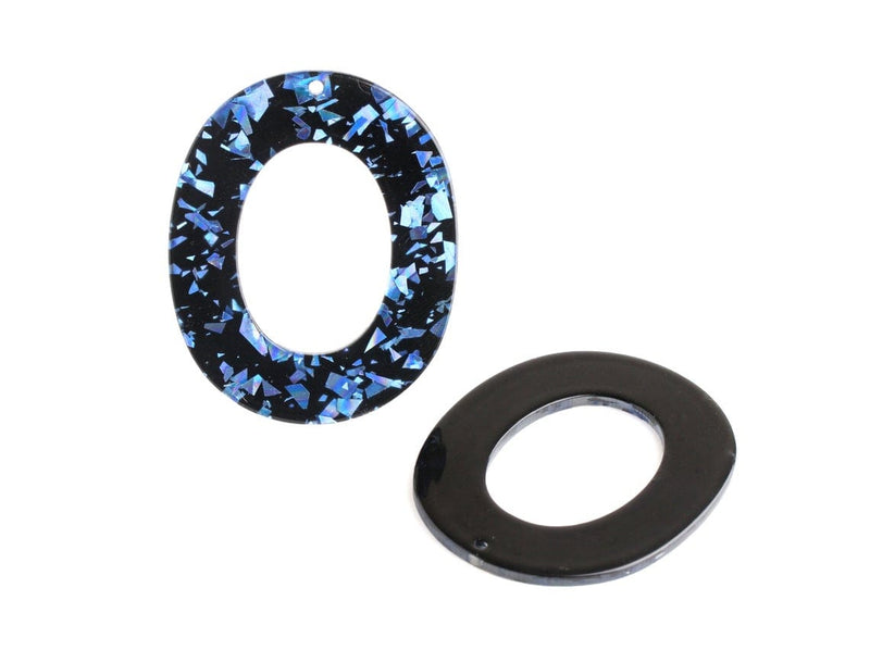 2 Black Oval Charms with Blue Foil Flakes, Sparkly Glitter Acrylic, 49.5 x 44mm