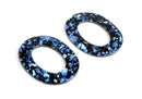 2 Black Oval Charms with Blue Foil Flakes, Sparkly Glitter Acrylic, 49.5 x 44mm