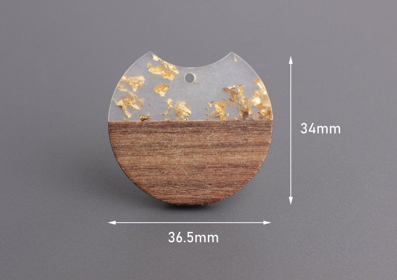2 Wood and Resin Beads with Gold Foil Leaf Flakes, Large Half Circle Earring Charms, Wood Resin Pendant, Round Circle Cut Out, CN201-37-WDGF
