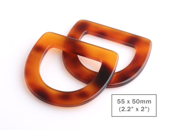 2 Tortoise Shell D Rings, Belt Loops and Purse Making Hardware, Connector Links, Acrylic Plastic, 55 x 50mm