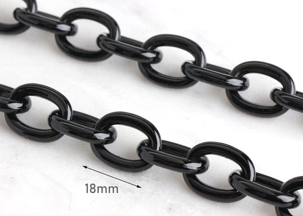 9ft Black Plastic Chain, 18mm, Oval Cable, Long Continuous Length, For Jewelry
