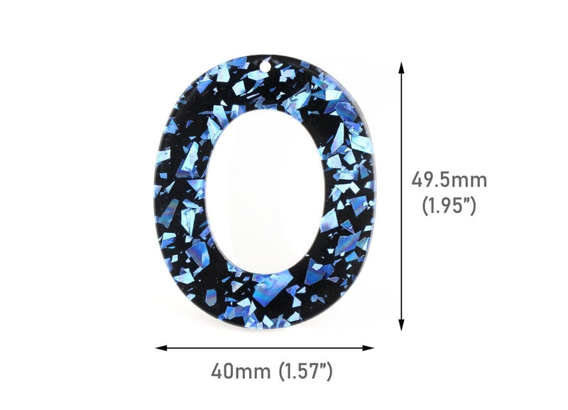 2 Black Oval Charms with Blue Foil Flakes, Sparkly Glitter Acrylic, 49.5 x 44mm