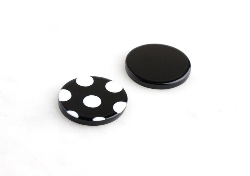 4 Resin Flatbacks with White and Black Polka Dots, Flat Cabochons and Embellishments, Acetate, 22mm