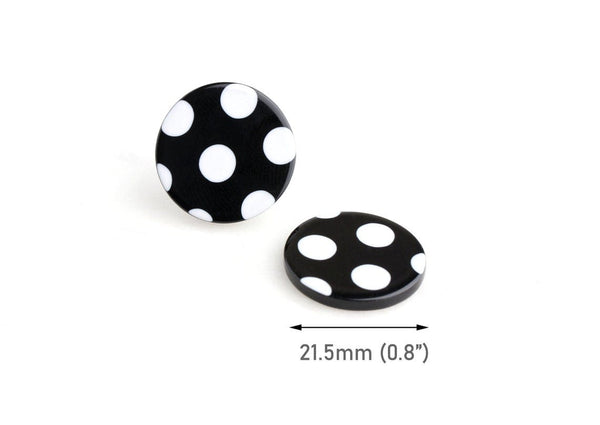 4 Resin Flatbacks with White and Black Polka Dots, Flat Cabochons and Embellishments, Acetate, 22mm