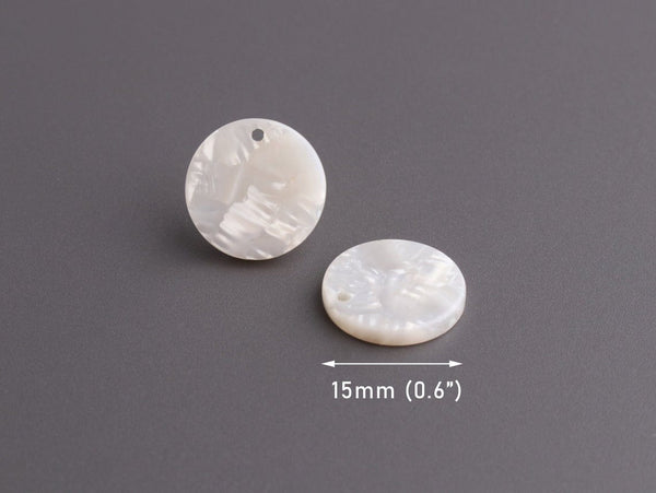 4 Pearl White Round Charms, Small Circle Blanks with 1 Hole, Cellulose Acetate, 15mm