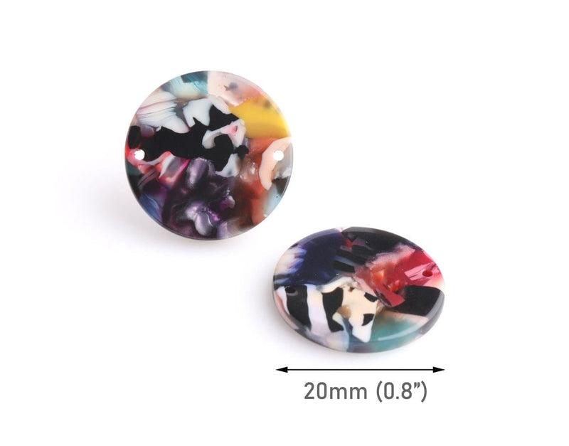 4 Round Circle Connectors in Multicolored Tortoise Shell, 2 Holes, Cellulose Acetate, 20mm