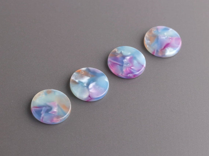 4 Round Disc Charms in Watercolor Tortoise Shell, Blue and Pink Pastel Colors, Acetate Plastic, 15mm