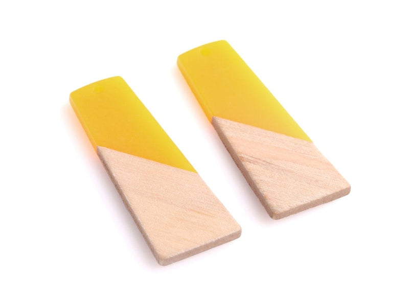 Yellow Resin and Wood Charms, Trapezoid, Epoxy Resin and Real Wood, 49 x 19.25mm