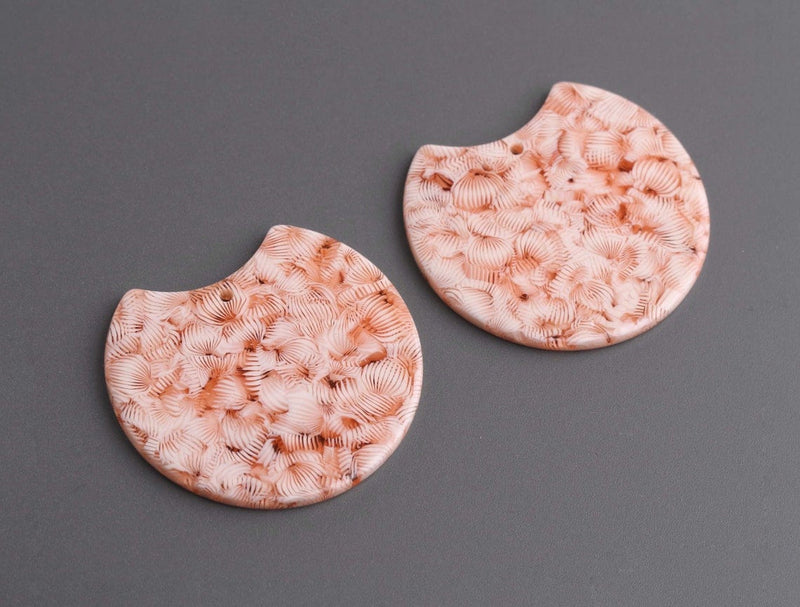 2 Semi Circle Pendants with Floral Pattern, White and Coral Pink, Cellulose Acetate, 36.5 x 33.5mm