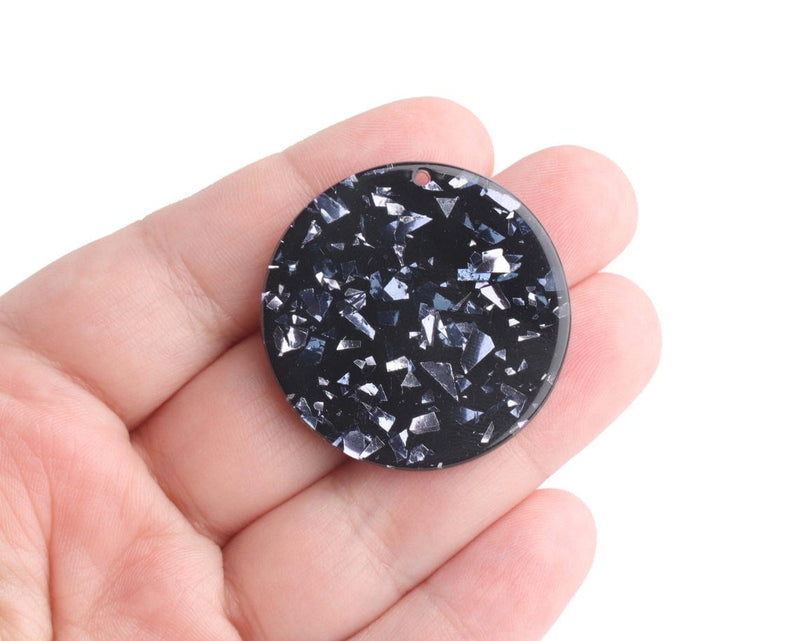 4 Black Acrylic Pendants with Mineral Blue and Silver Glitter Foil Flakes, Round Circle, Acrylic, 35mm