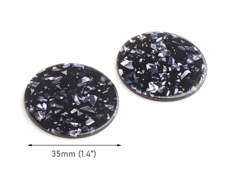 4 Black Acrylic Pendants with Mineral Blue and Silver Glitter Foil Flakes, Round Circle, Acrylic, 35mm