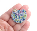 2 Large Half Circle Charms with Garden Floral Pattern, Blue, Purple and Green Colors, Cellulose Acetate, 36.5 x 33.5mm