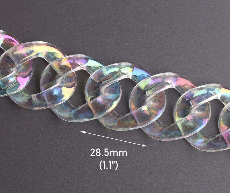 1ft Opal Clear Acrylic Chain Links, 28.5mm, Iridescent Rainbow, Decorative