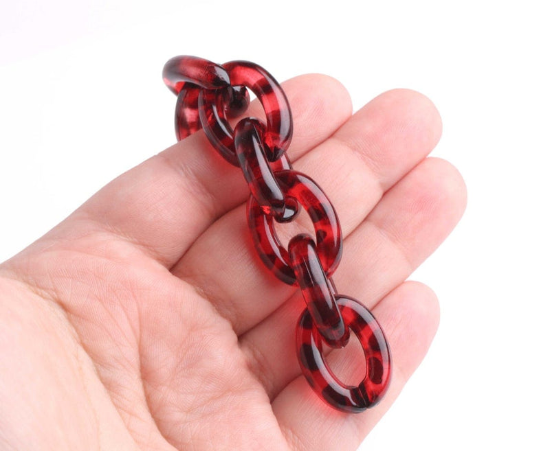 1ft Red Tortoise Shell Chain Links, 24mm, Transparent, Oval Cable Chain Links