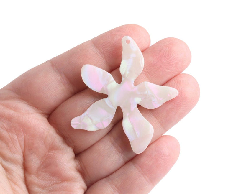 2 White Flower Charms with Rainbow Iridescence, Cellulose Acetate, 48 x 40.5mm