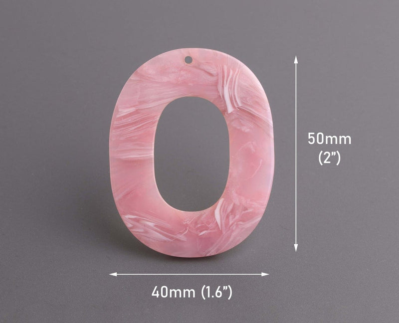 2 Oval Ring Beads in Pink and White Marble, Earring Pieces, Jewelry Components, Acrylic, 50 x 40mm