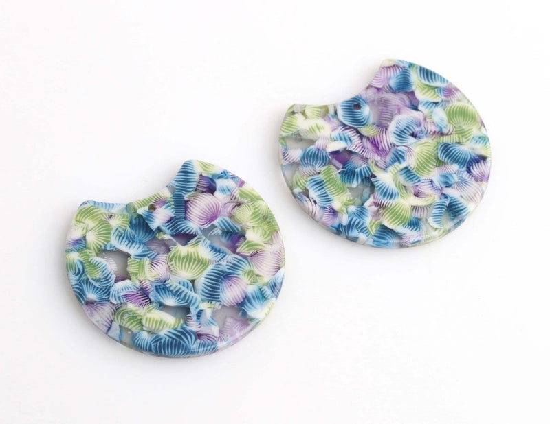 2 Large Half Circle Charms with Garden Floral Pattern, Blue, Purple and Green Colors, Cellulose Acetate, 36.5 x 33.5mm