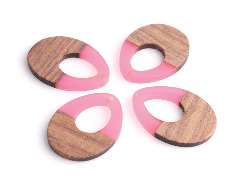 4 Hot Pink Teardrop Pendants, Color Blocked, Bright Pink Charms for Earrings, Real Wood and Resin, 37 x 28mm