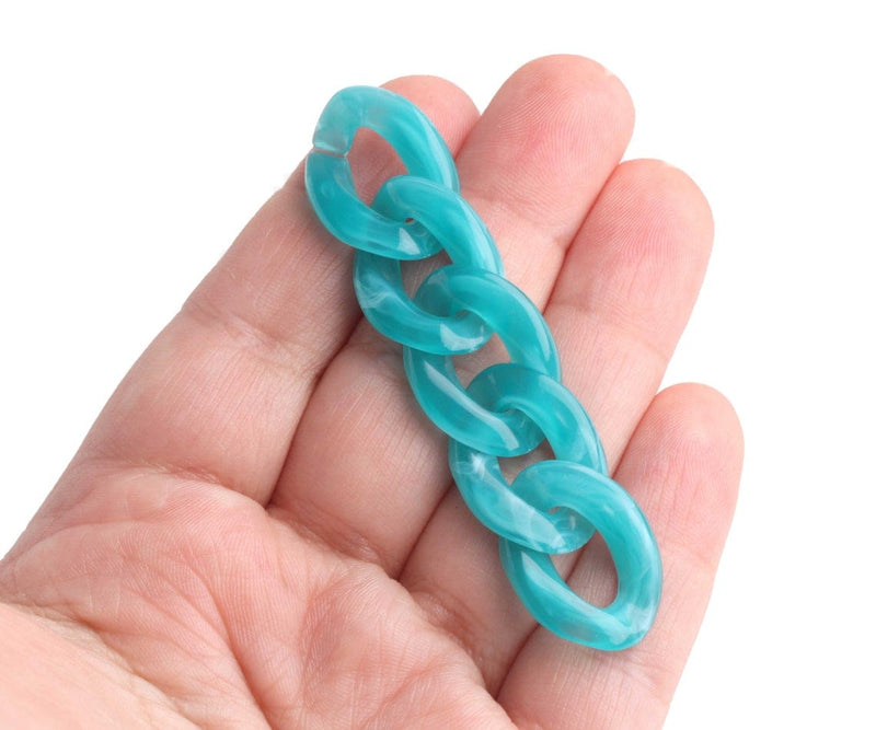 1ft Teal Blue Acrylic Chain Links, 24mm, Translucent, Marble, Colored Curb Chain