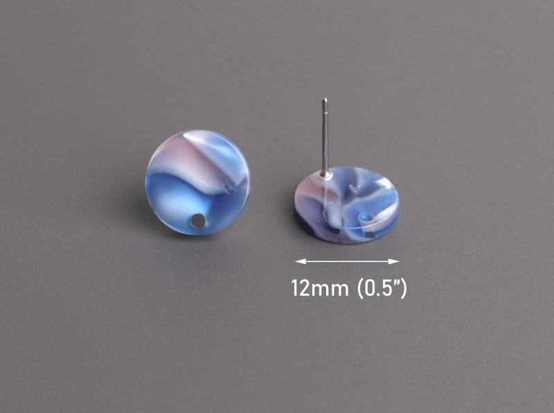 4 Pearl Blue Earring Stud Findings with Hole, Cellulose Acetate, 12mm