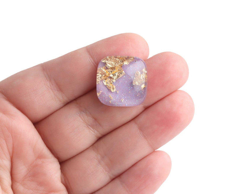 4 Light Purple Cabochons with Gold Foil Leaf Flakes, Resin and Holographic Glitter, 19.5 x 19.5mm