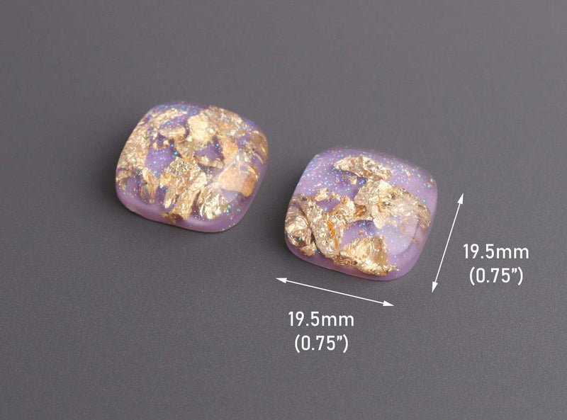 4 Light Purple Cabochons with Gold Foil Leaf Flakes, Resin and Holographic Glitter, 19.5 x 19.5mm