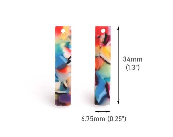 4 Simple Bar Charms in Colorful Rainbow, Cellulose Acetate, 34 x 6.75mm