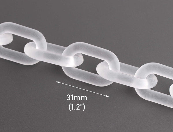 1ft Frosted Acrylic Chain Links, 31mm, Matte Crystal White, For Statement Jewelry