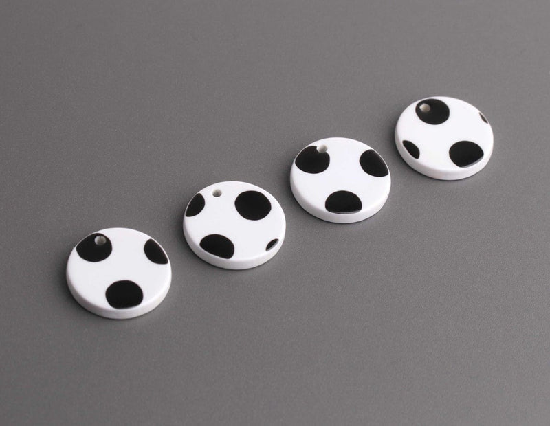 4 Round Circle Charms with Polka Dots, Black and White, Acetate Plastic, 15mm