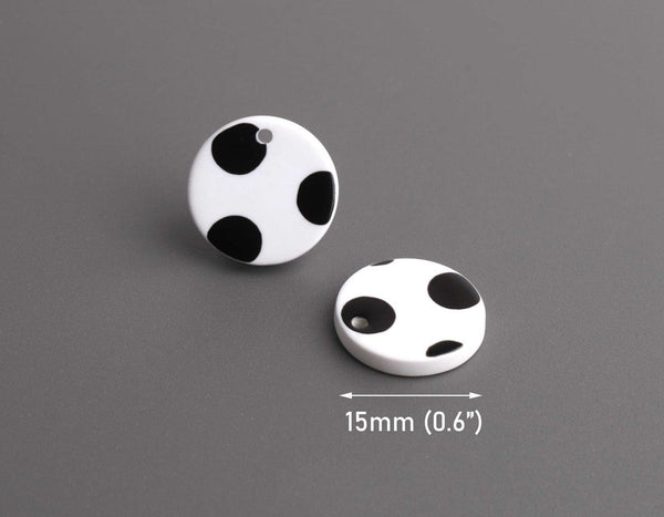 4 Round Circle Charms with Polka Dots, Black and White, Acetate Plastic, 15mm
