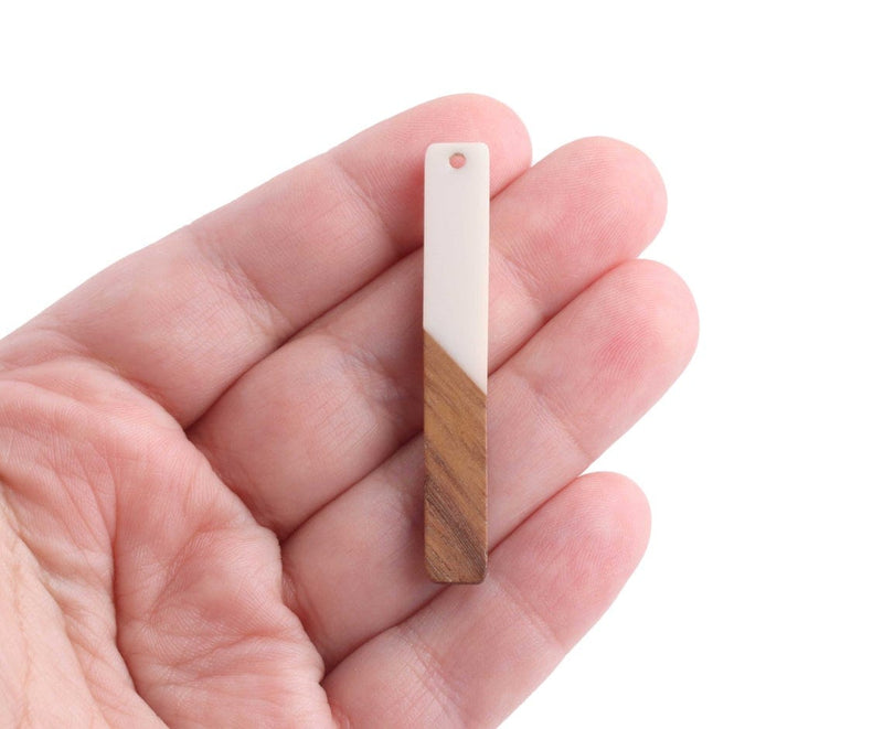 4 Ivory White Resin and Wood Bar Charms, Long Sticks, Real Wood and Epoxy Resin, 51.5 x 7.5mm