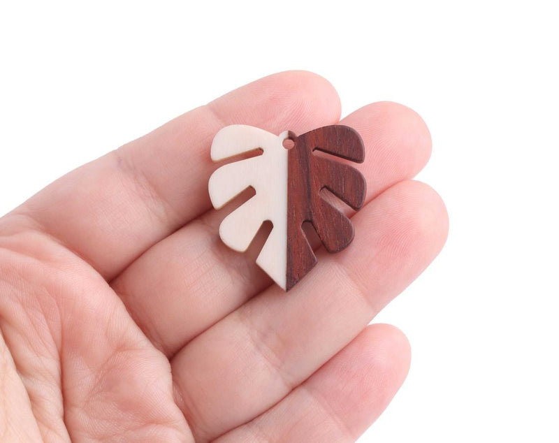 2 Ivory White Resin and Wood Leaf Charms, Monstera Leaves, Epoxy Resin and Real Wood, 30 x 28mm