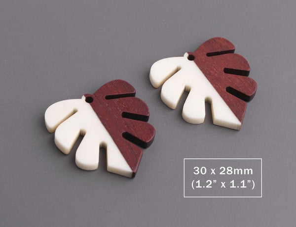 2 Ivory White Resin and Wood Leaf Charms, Monstera Leaves, Epoxy Resin and Real Wood, 30 x 28mm