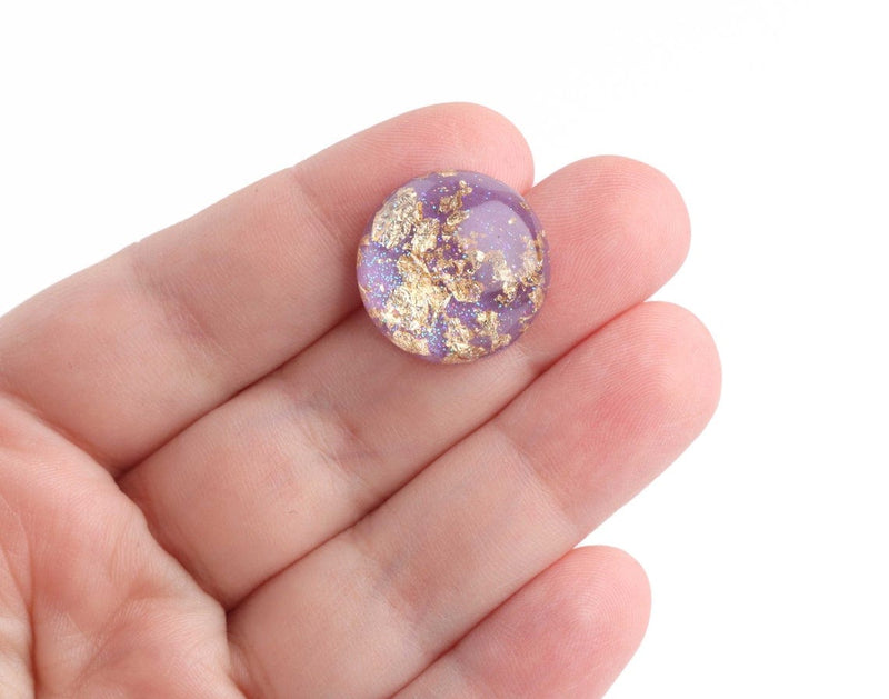 4 Round Purple Cabochons with Gold Foil Flakes, High Dome, Resin and Holographic Glitter, 20mm