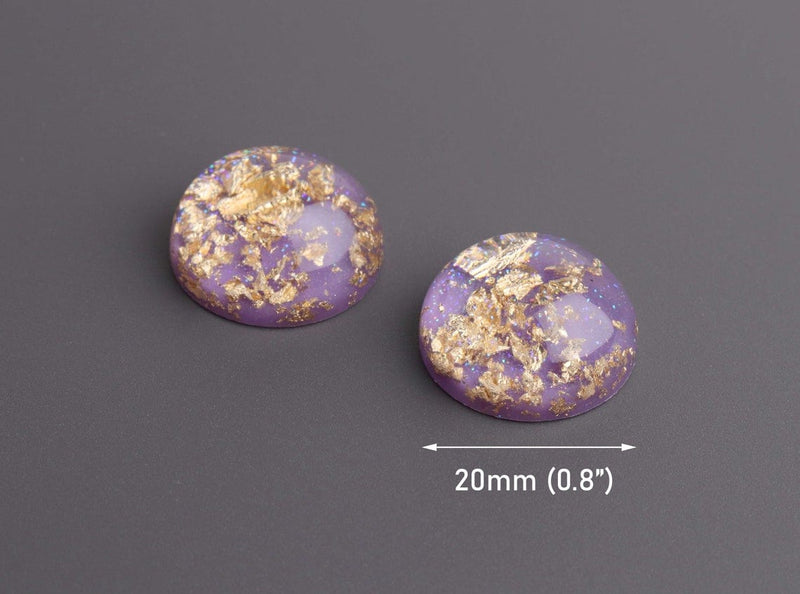 4 Round Purple Cabochons with Gold Foil Flakes, High Dome, Resin and Holographic Glitter, 20mm
