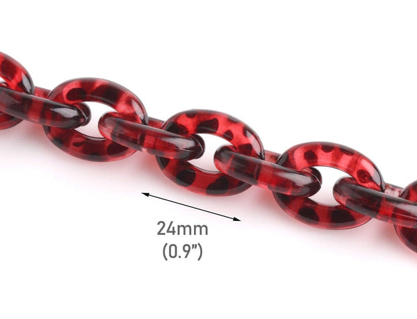 1ft Red Tortoise Shell Chain Links, 24mm, Transparent, Oval Cable Chain Links
