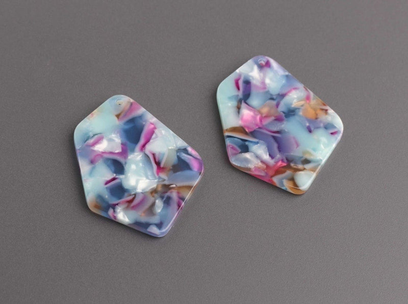 2 Geometric Charms in Watercolor Tortoise Shell, Diamond Shape, Light Blue and Pink, Acetate, 37 x 28mm